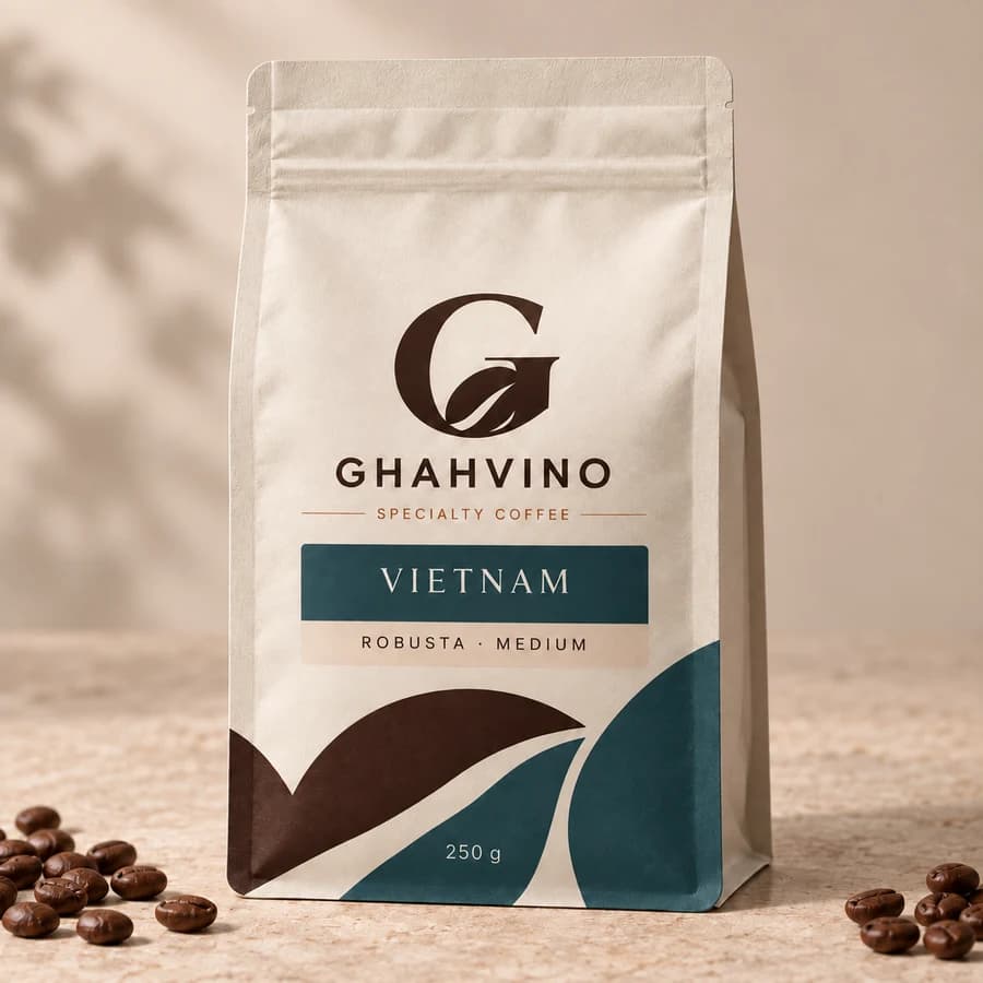 بسته قهوه روبوستا ویتنام مدیوم قهوینو با نشان GHAHVINO